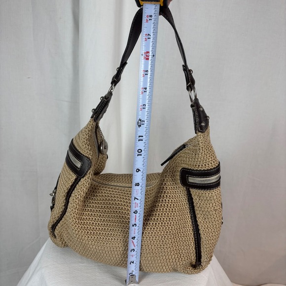 The Sak "Leann" Crochet Hobo Bag Tan Brown Leather Trim Silver Tone Hardware - Picture 6 of 12